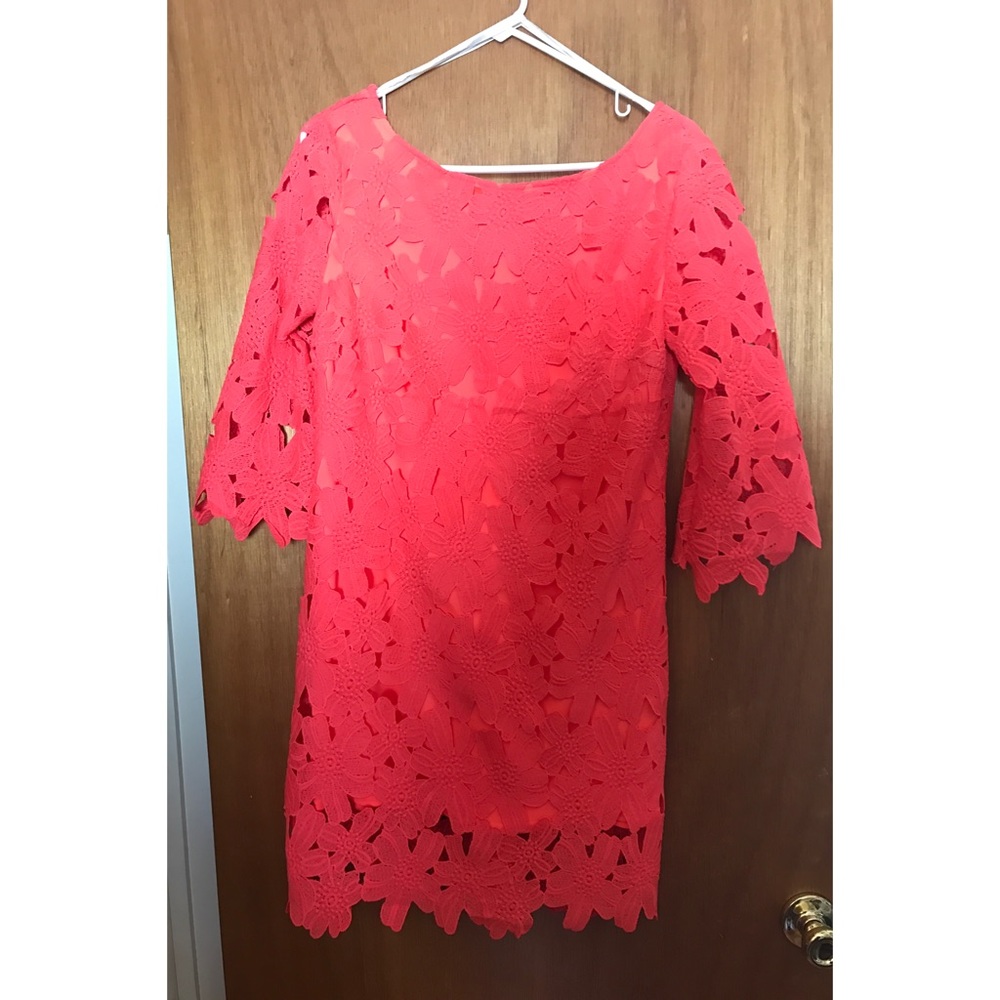 Hot peach big flower lace dress