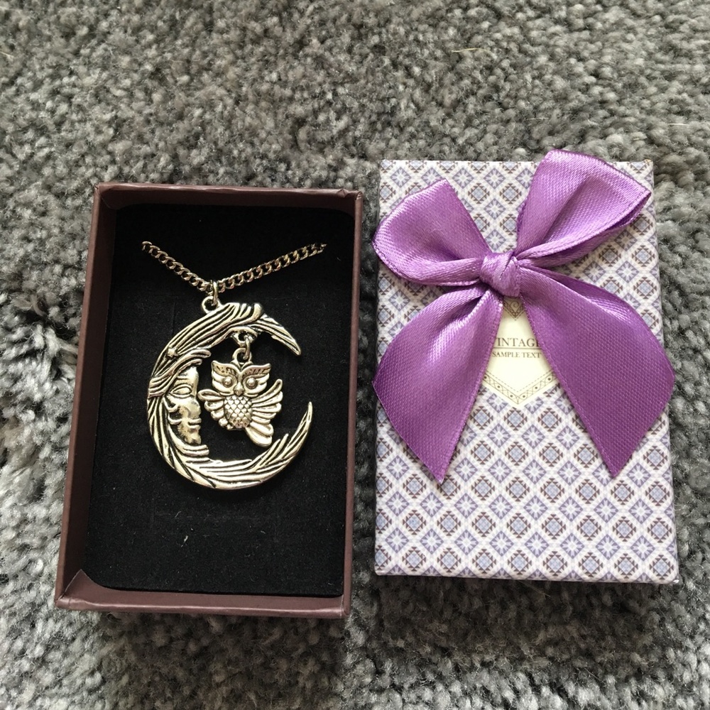 Whimsical silver owl and moon necklace