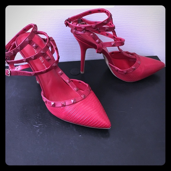 Size 8 1/2 red studded, strappy heels - Picture 1 of 2