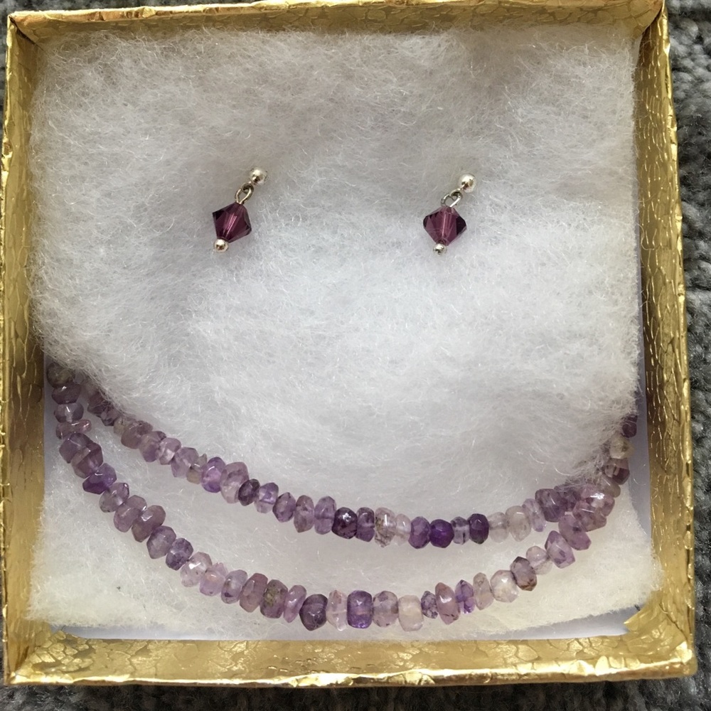 Amethyst earrings and necklace set post back
