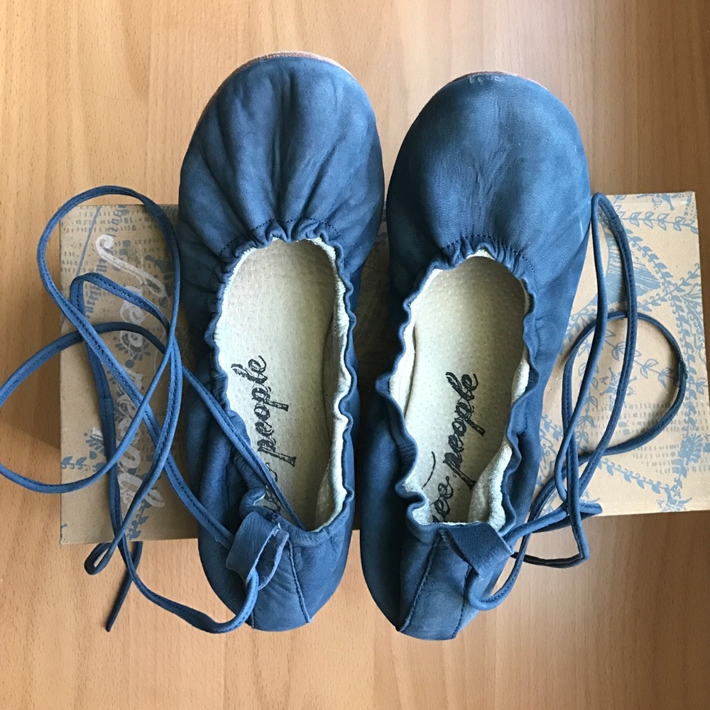 Free People Navy Blue Tie Up Leather Ballet Flats