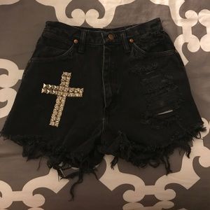 Black high-waisted distressed shorts w/ studs!
