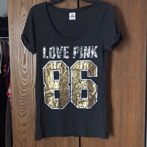 PINK Victoria's Secret Tops - Victoria's Secret PINK Grey and Gold Sequence Top
