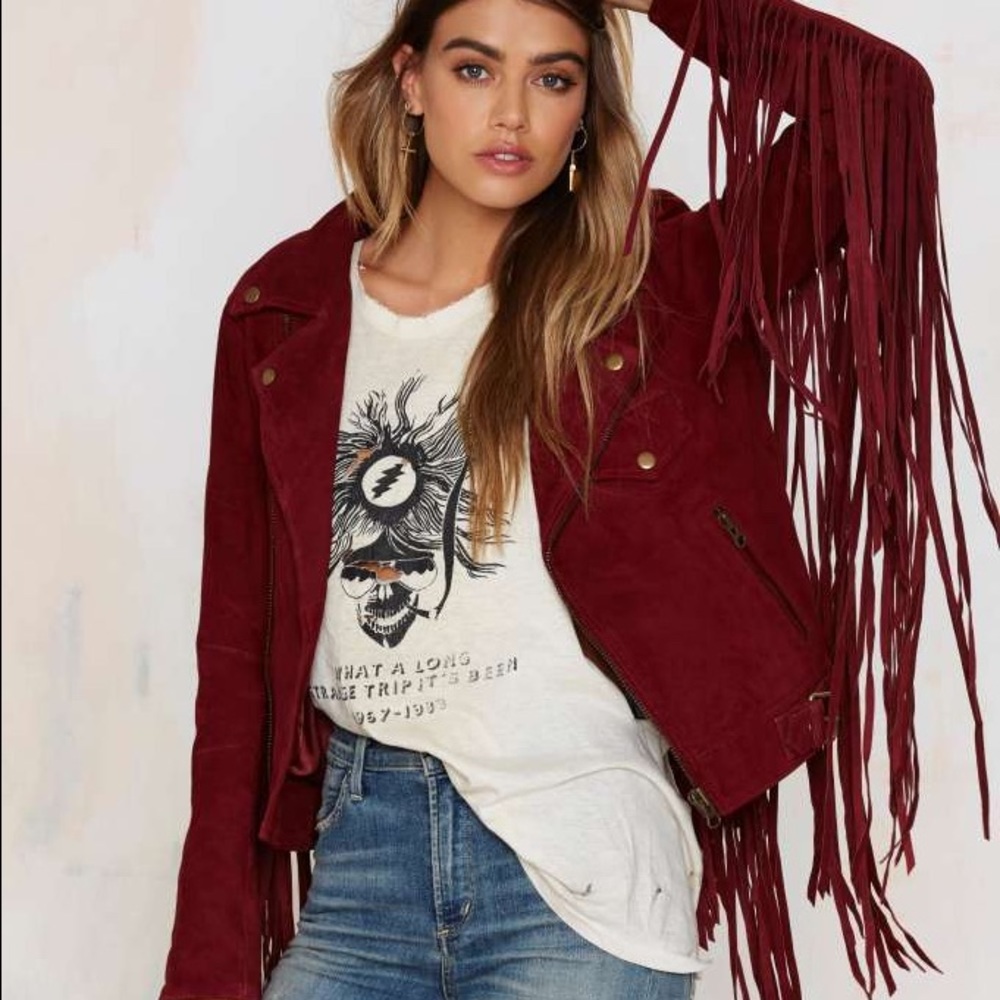 Nasty Gal Runway Fringe Suede Moto Jacket - Red XL