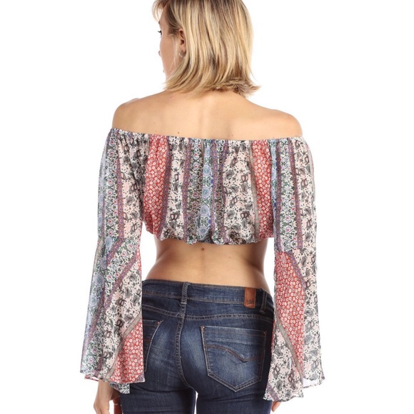 Bell Sleeve Off Shoulder Print Peasant Crop Blouse - Picture 2 of 3