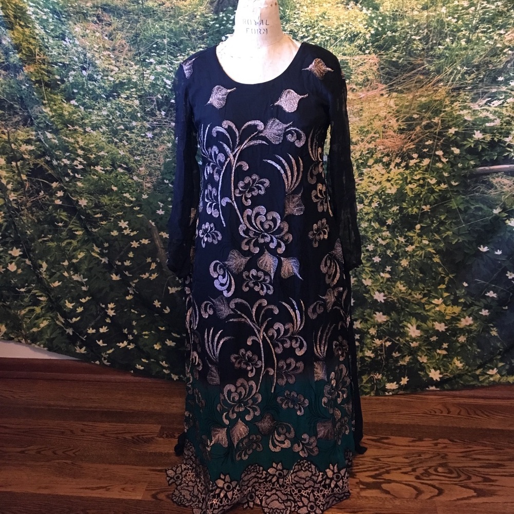 ~ black embroidered embellished midi dress ~