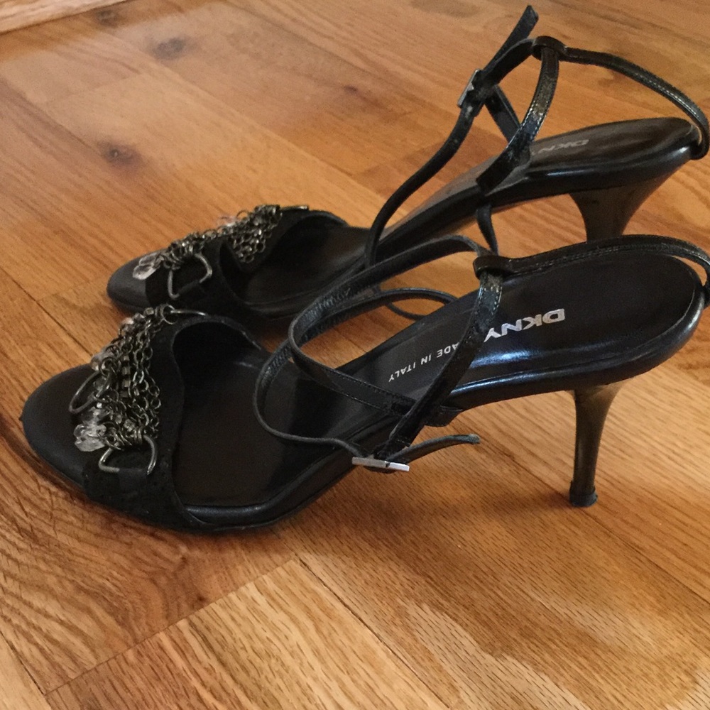 DKNY black ankle-strap heels with crystal jewelry. - Picture 3 of 5