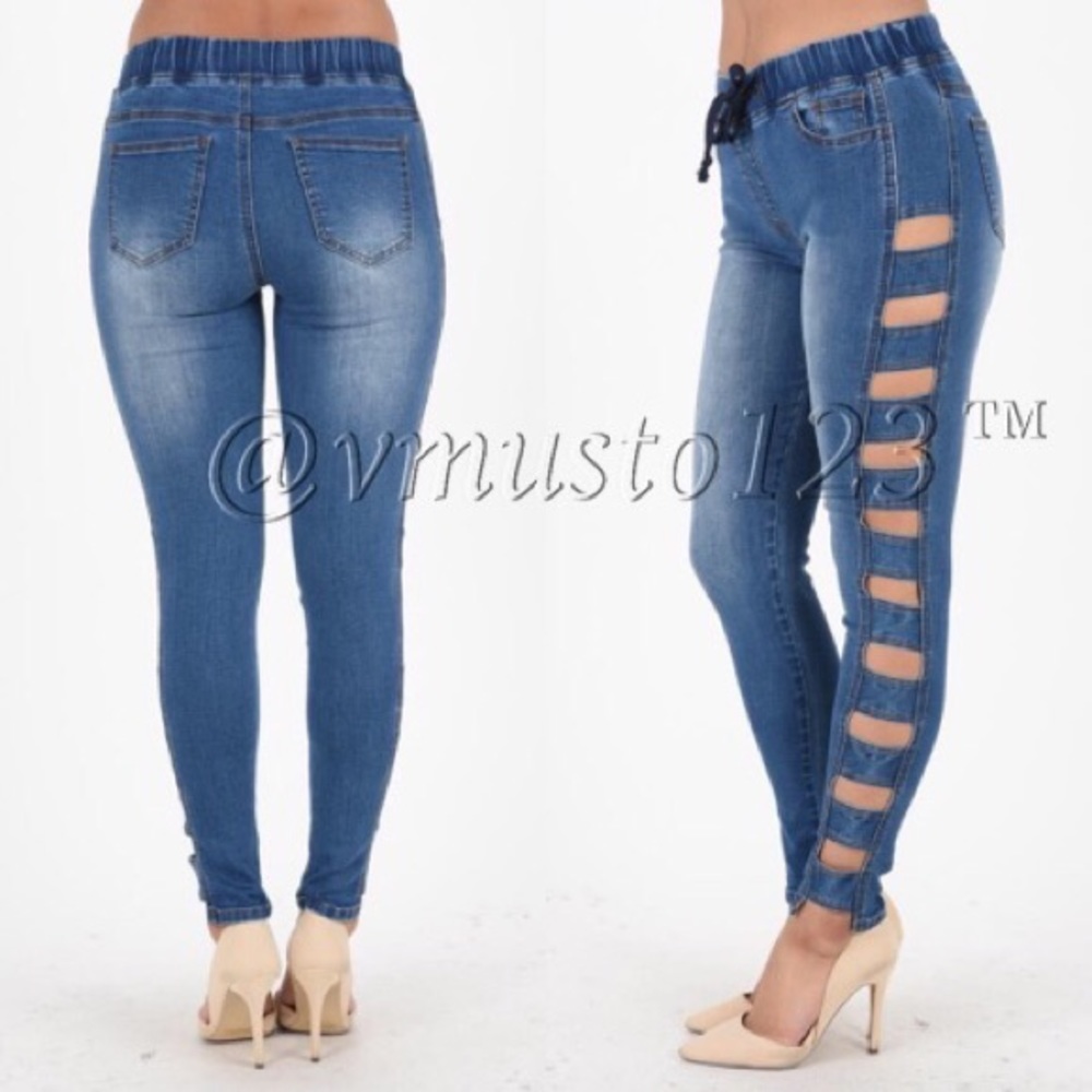 CUT OUT STRETCHY DENIM JOGGERS - Picture 2 of 4
