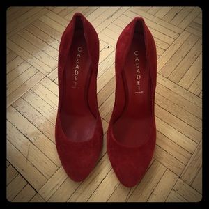 Red suede Casadei heels