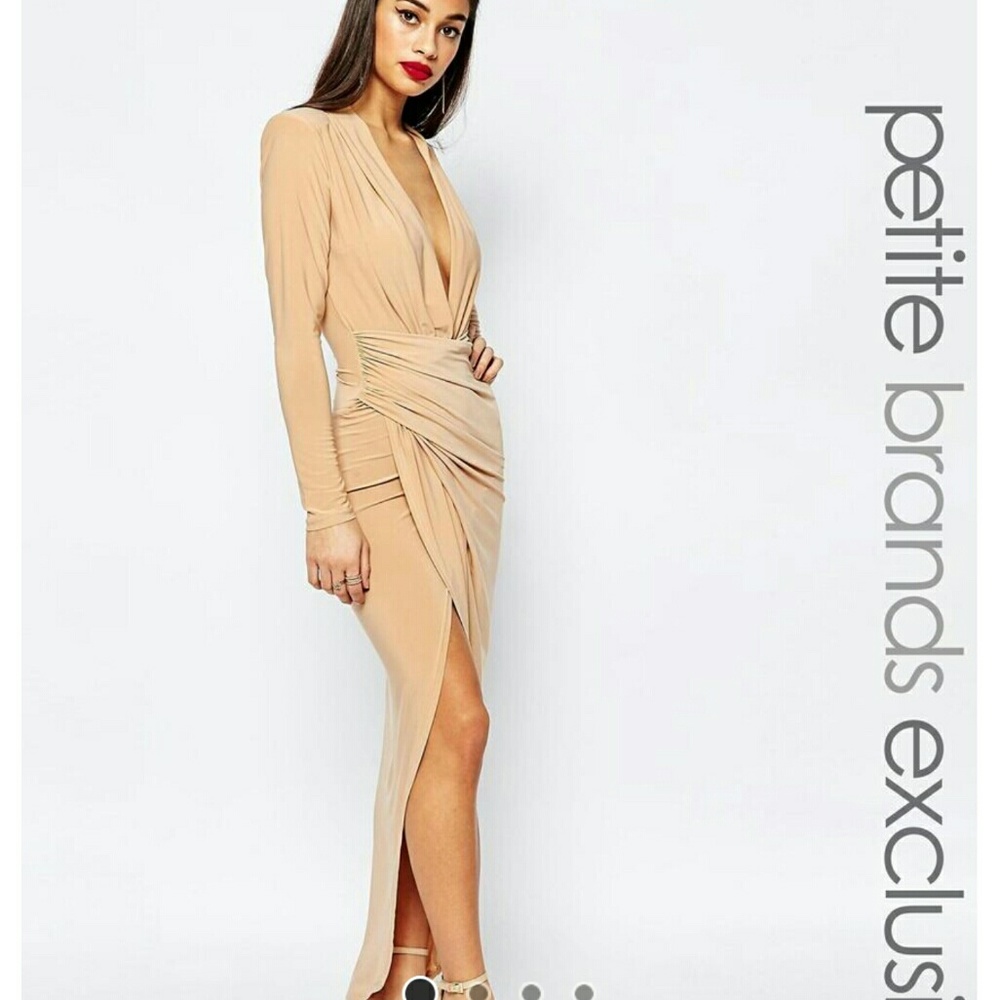 John Zack Petite Long Sleeve wrap front midi Dress