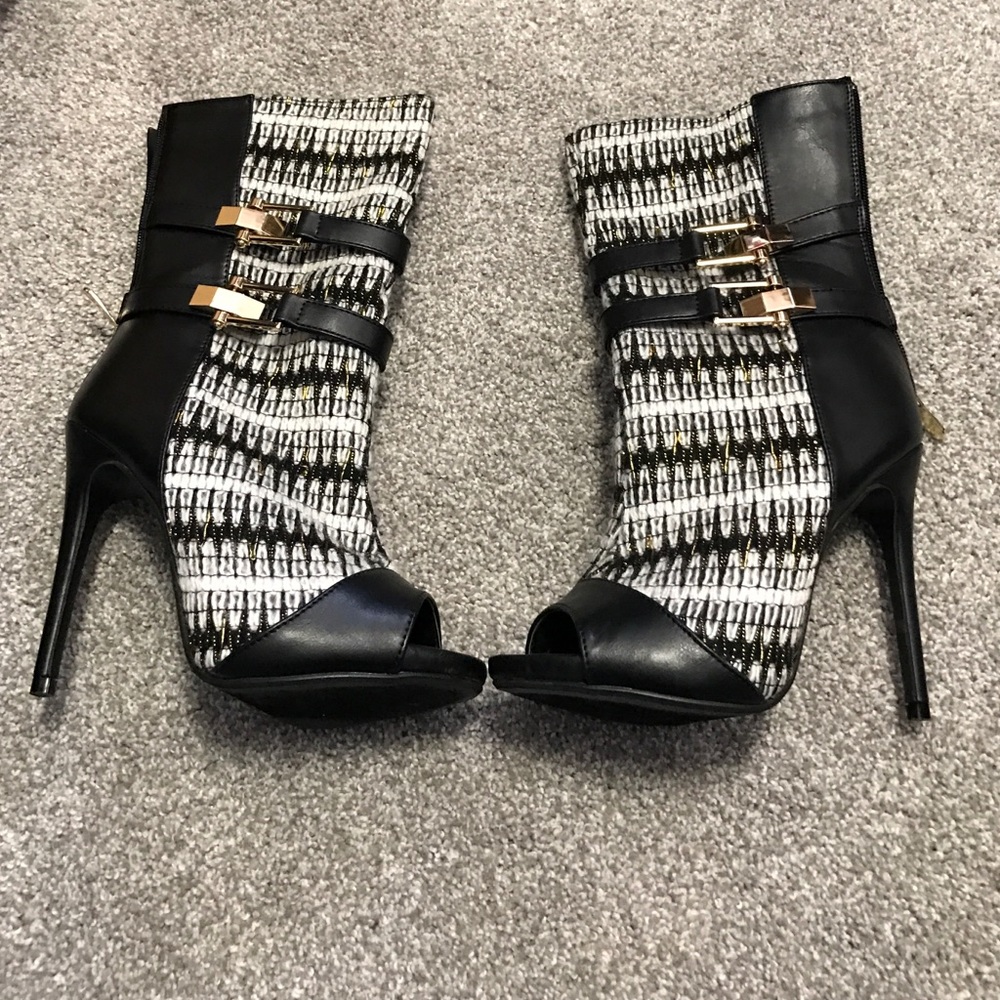 Black-and-white midcalf open toed booties