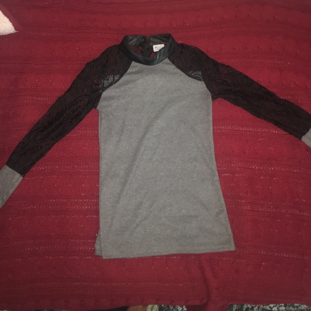 Grey shirt with black lace sleeves
