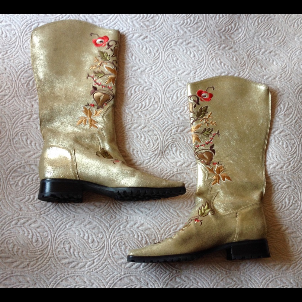 Awesome Gold Leather Embroidered Cowgirl Boots, 7