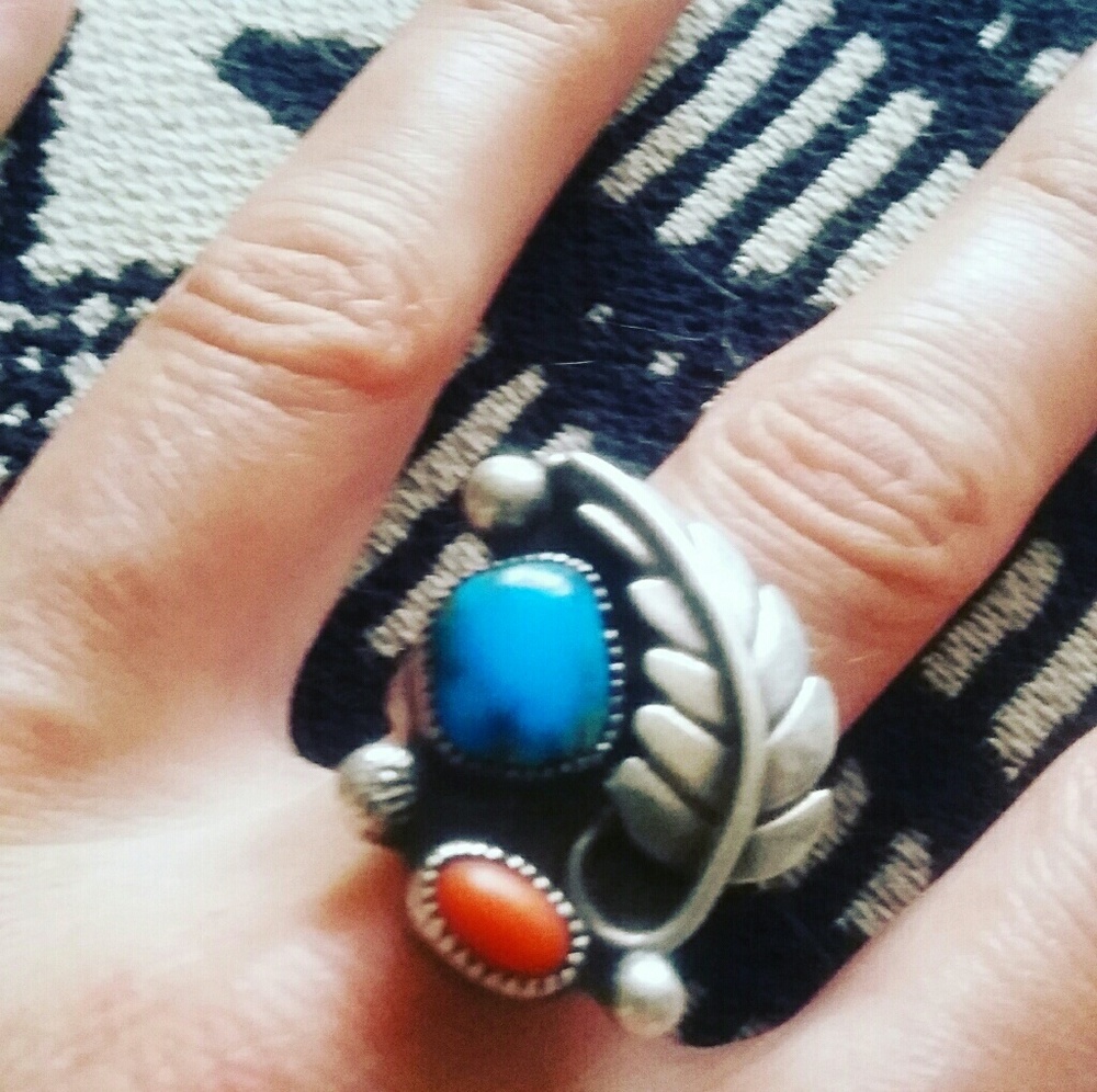 Vintage Sterling Turquoise and Coral Ring
