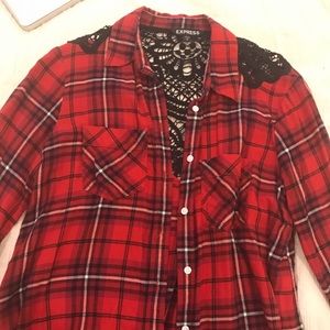 Express Lace Back Plaid Button Up