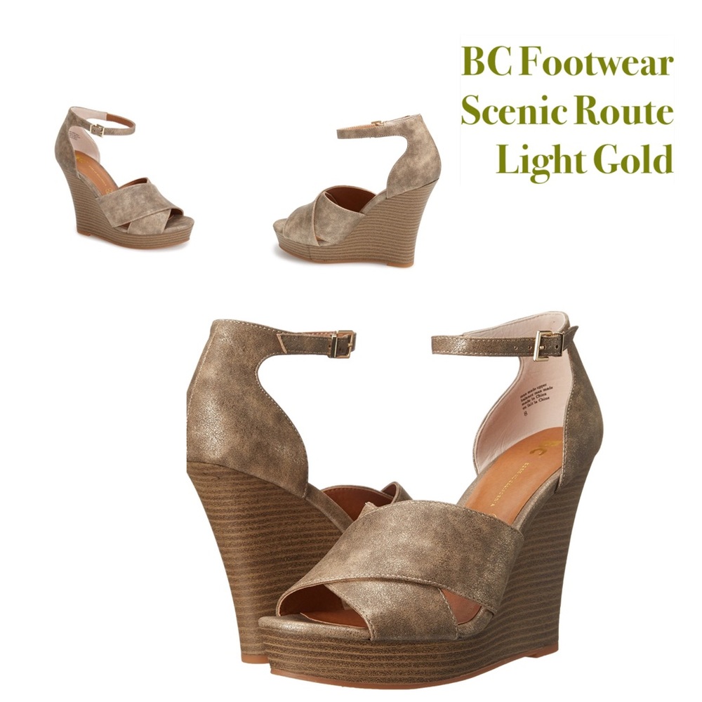 BC FOOTWEAR NWT ‘Scenic Route’ Light Gold Metallic Vegan Wedge Sandals Size 8.5