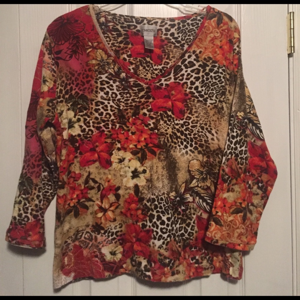 Chico's floral animal print 3/4 sleeve cotton top