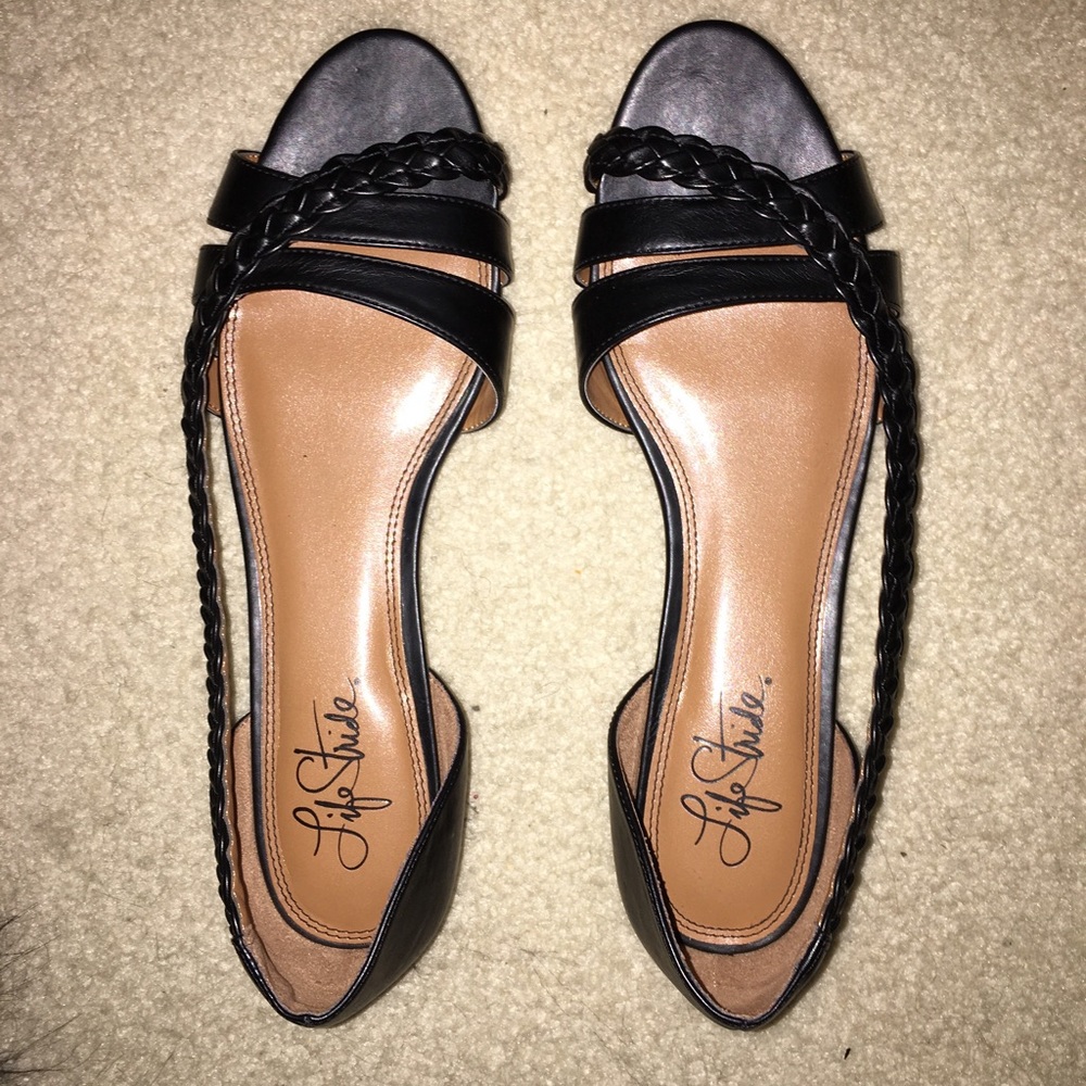 Black open-toe flats with braid detail