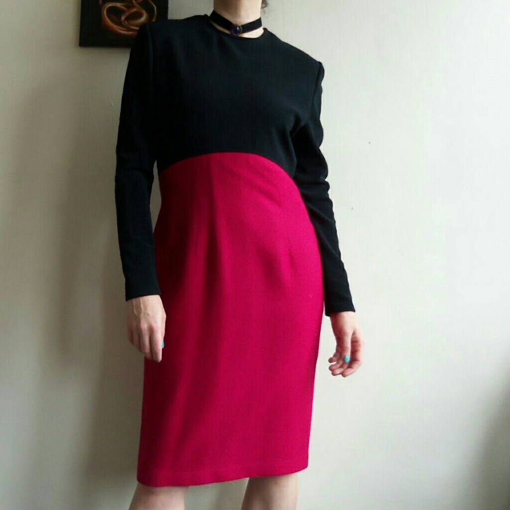 Vintage 90s Magenta and Black Midi Dress