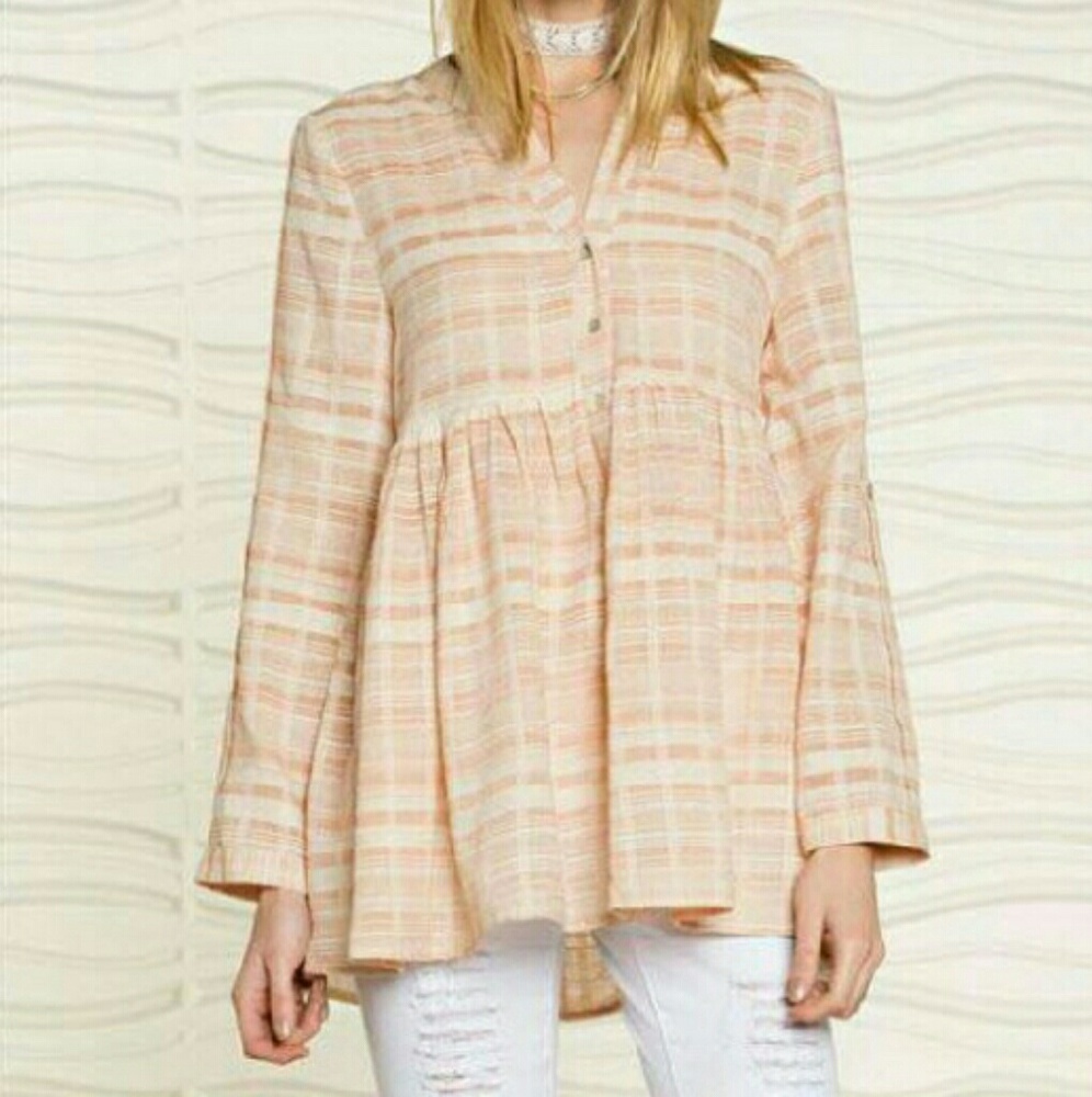 NWT Peach Color Plaid Baby Doll Top by Easel