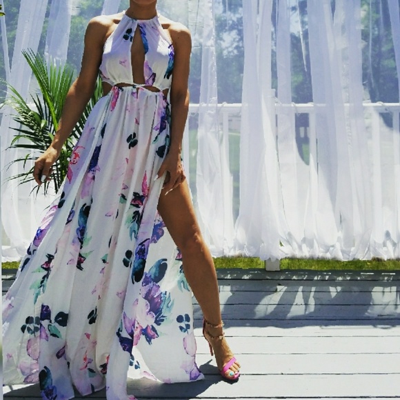 ❌SOLD OUT ❌Floral Cut Out High Slit Maxi Dress - Picture 3 of 3