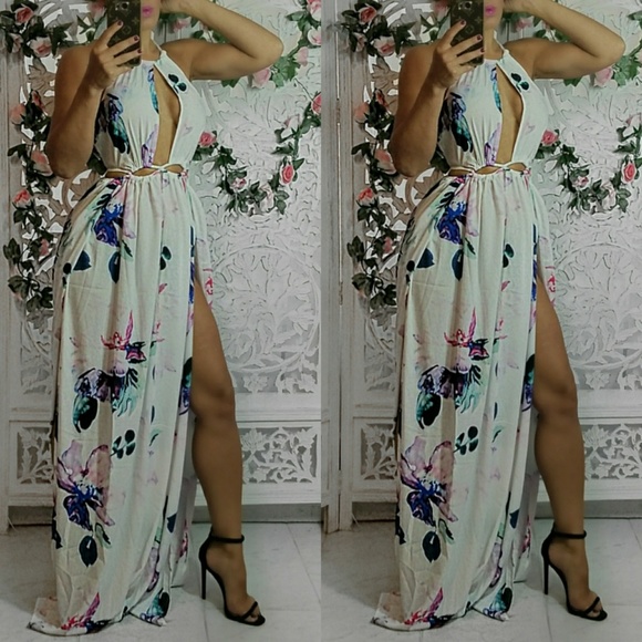 ❌SOLD OUT ❌Floral Cut Out High Slit Maxi Dress - Picture 2 of 3