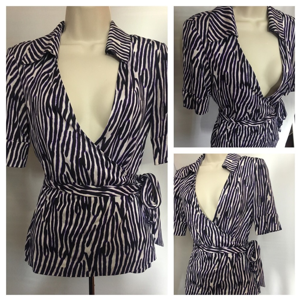 Diane von Furstenberg Silk Purple Zebra Wrap Top