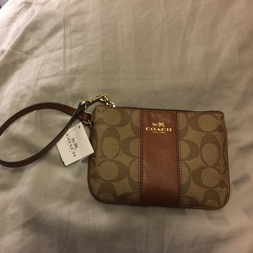 Brand New COACH khaki/saddle wristlet