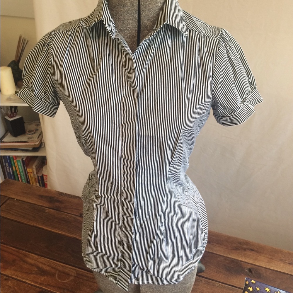black and white striped button down
