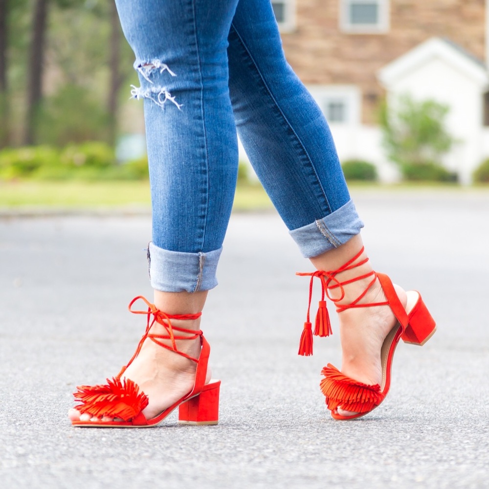 Fringe shoes with block heels