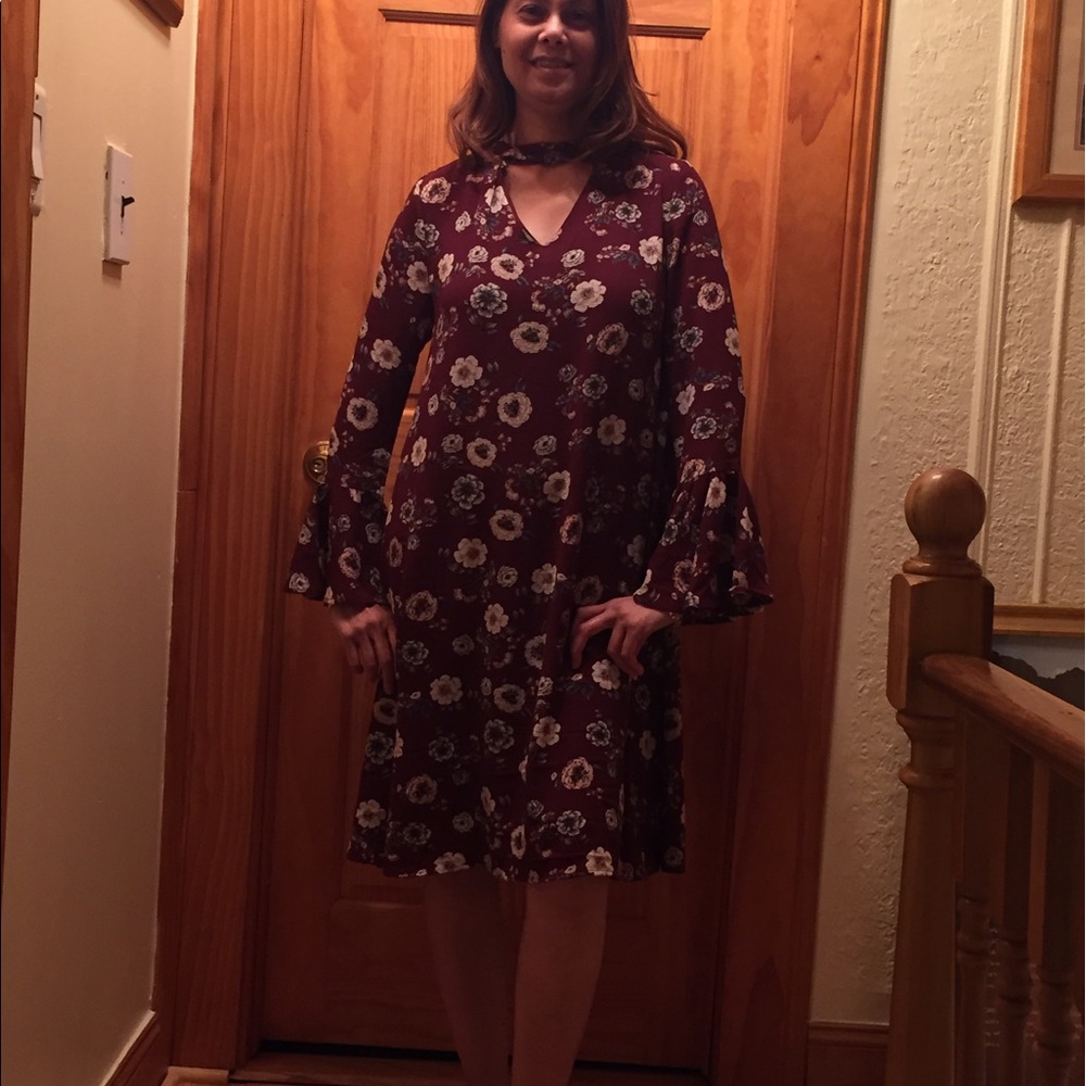 Burgundy V-Neck Swing Dress - Picture 4 of 8