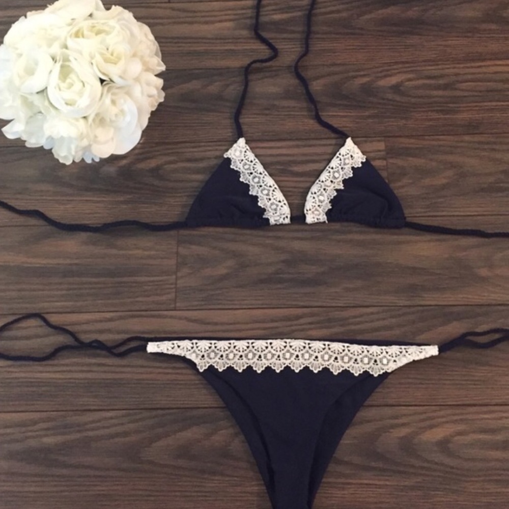 Cheeky Deep Blue White Lace Trim Bikini