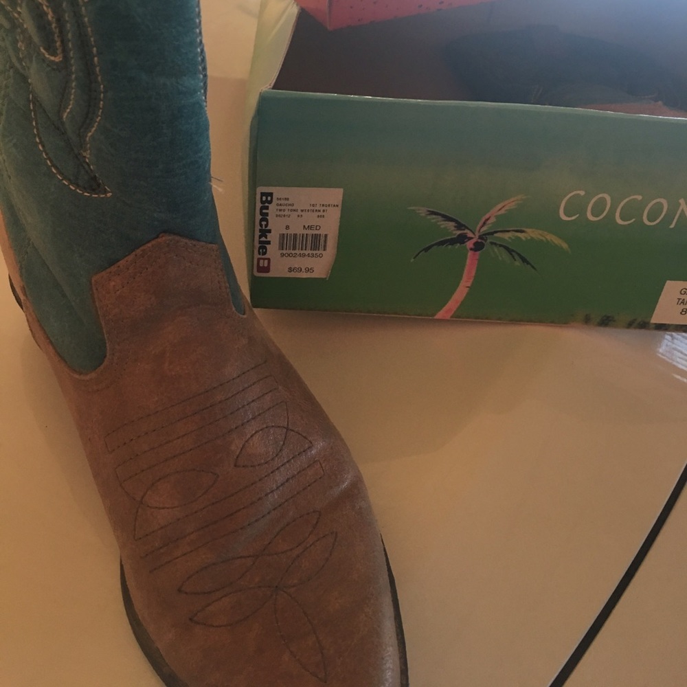 Cowboy boot with turquoise top.