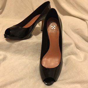 Vince Camuto black smooth patent open toe heel.