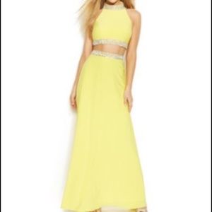 Yellow two piece crop top prom or formal dress