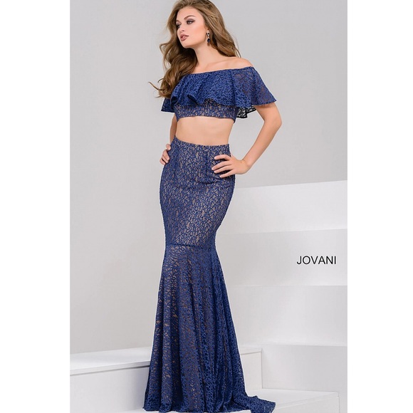 Jovani Navy Fitted 2 Piece Dress, Off the Shoulder - Picture 2 of 6