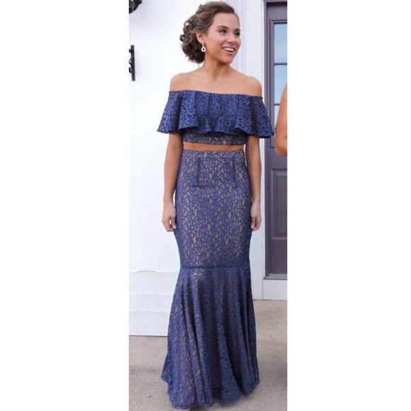 Jovani Navy Fitted 2 Piece Dress, Off the Shoulder - Picture 4 of 6