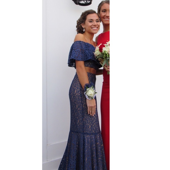 Jovani Navy Fitted 2 Piece Dress, Off the Shoulder - Picture 6 of 6