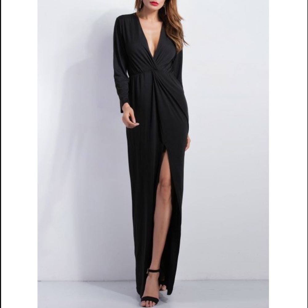 V-Neck High Slit Black Dress Maxi