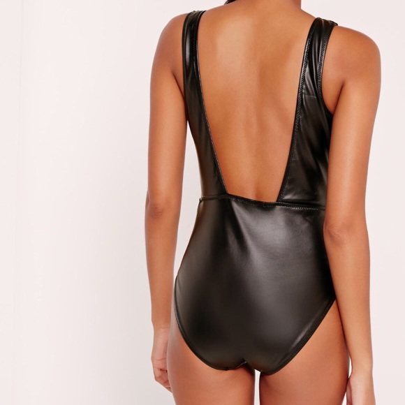 NWT black faux leather plunging printed monokini - Picture 2 of 4