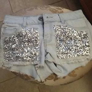 Light blue silver sequined jean shorts