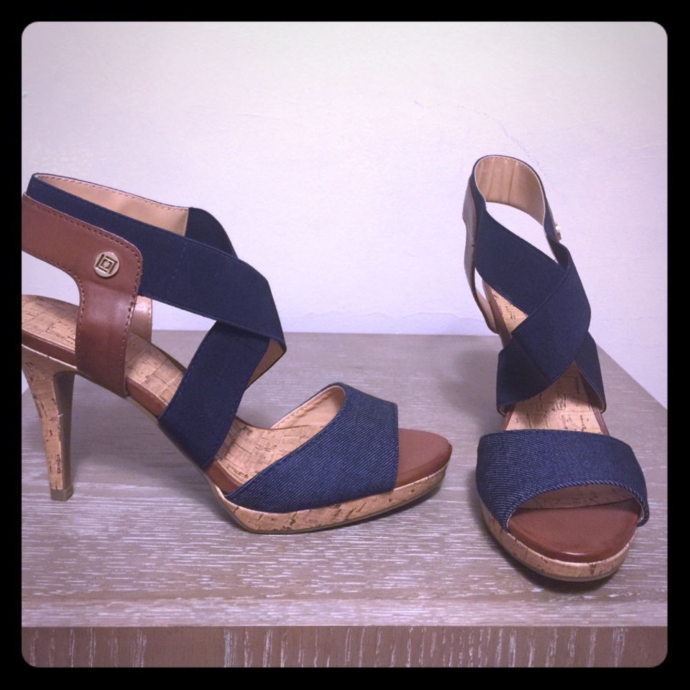Denim and Tan Leather Platform Strappy Sandal