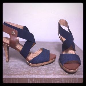 Denim and Tan Leather Platform Strappy Sandal