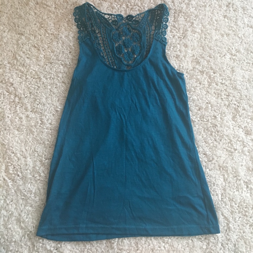 Blue tank with cute crocheted back detail