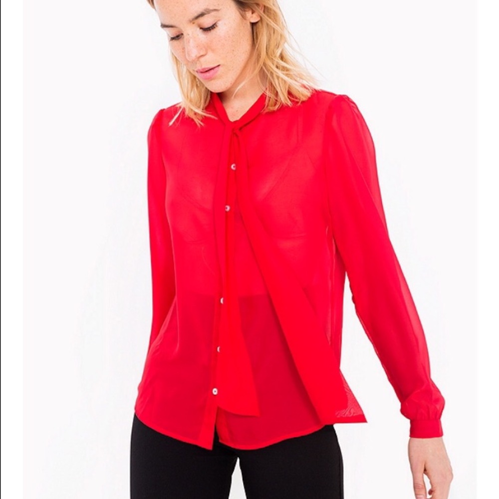 American apparel bright red sheer blouse with bow