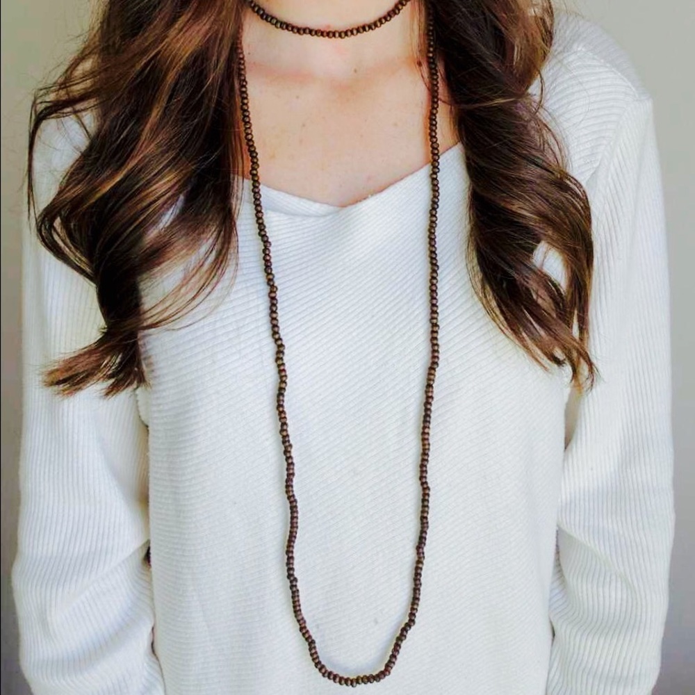 Extra Long Wrap Twice Choker Wooden Bead Necklace