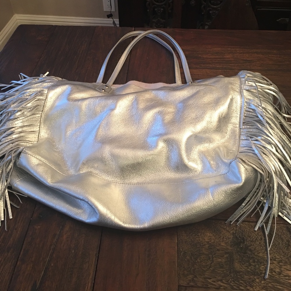 Sam Edelman silver leather fringe tote.