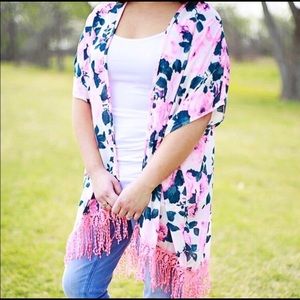 Neon pink floral rose fringe kimono style cover-up