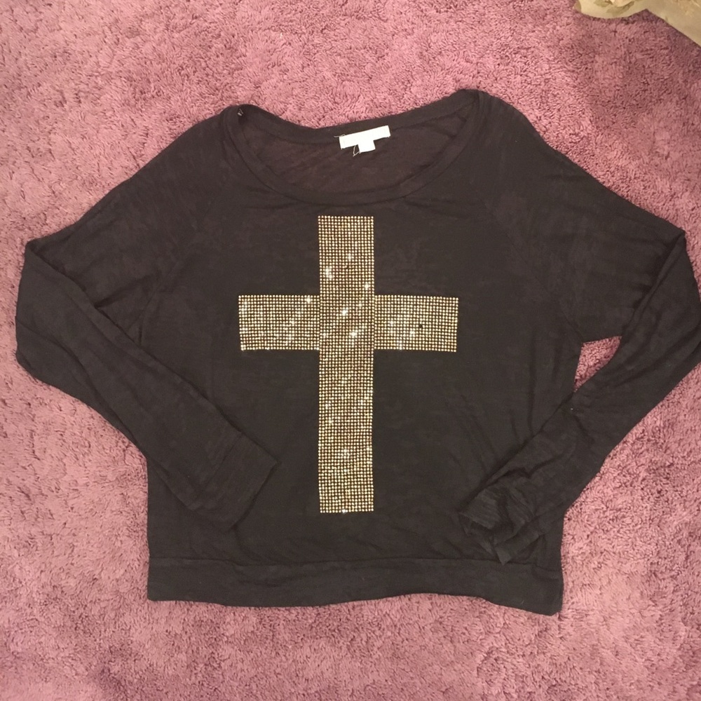 Gold cross embellished long sleeve top