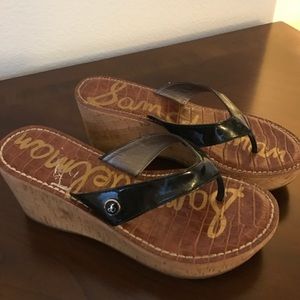 Sam Edelman patent black thong wedge cork sandals